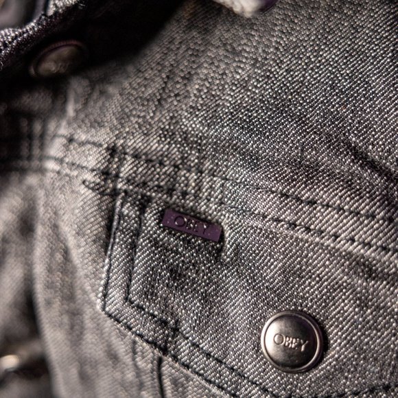 OBEY denim jacket / Varsity Bomber / Jean jacket / Vegan Leather/ Sherpa Hoodie - Picture 2 of 5